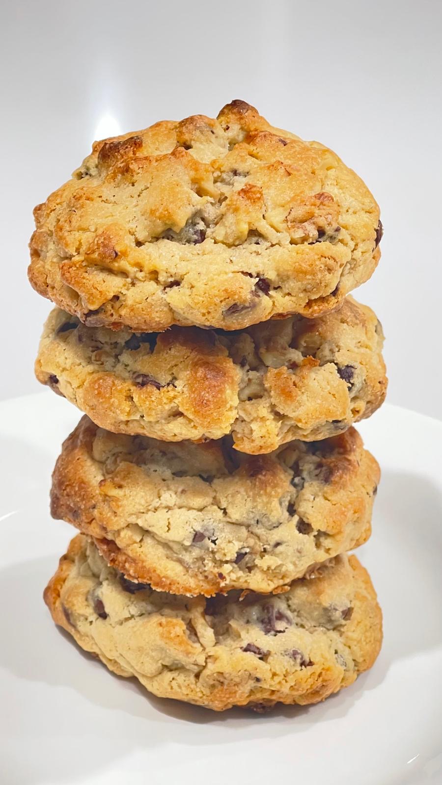 A stack of Krivian chocolate chip cookies